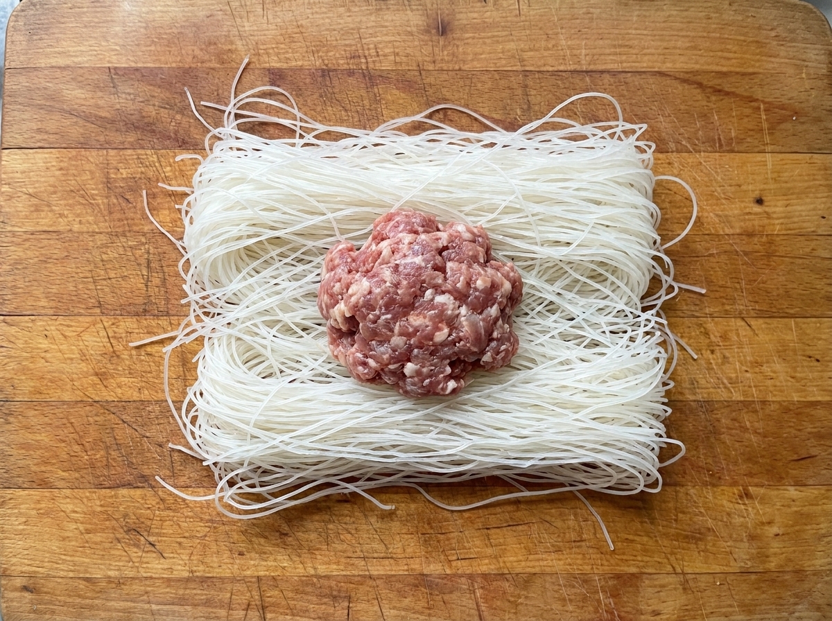 Eine dicke, geformte Portion roher Rindfleischmischung liegt auf der vorbereiteten Schicht aus Teigfäden.