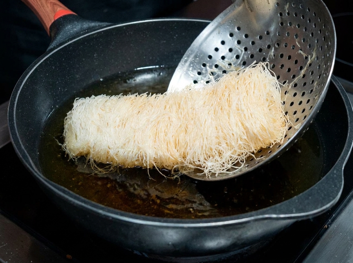 Eine leicht frittierte Rindfleischrolle ruht auf einem Schaumlöffel, bevor sie für den zweiten Durchgang in heißes Öl getaucht wird.