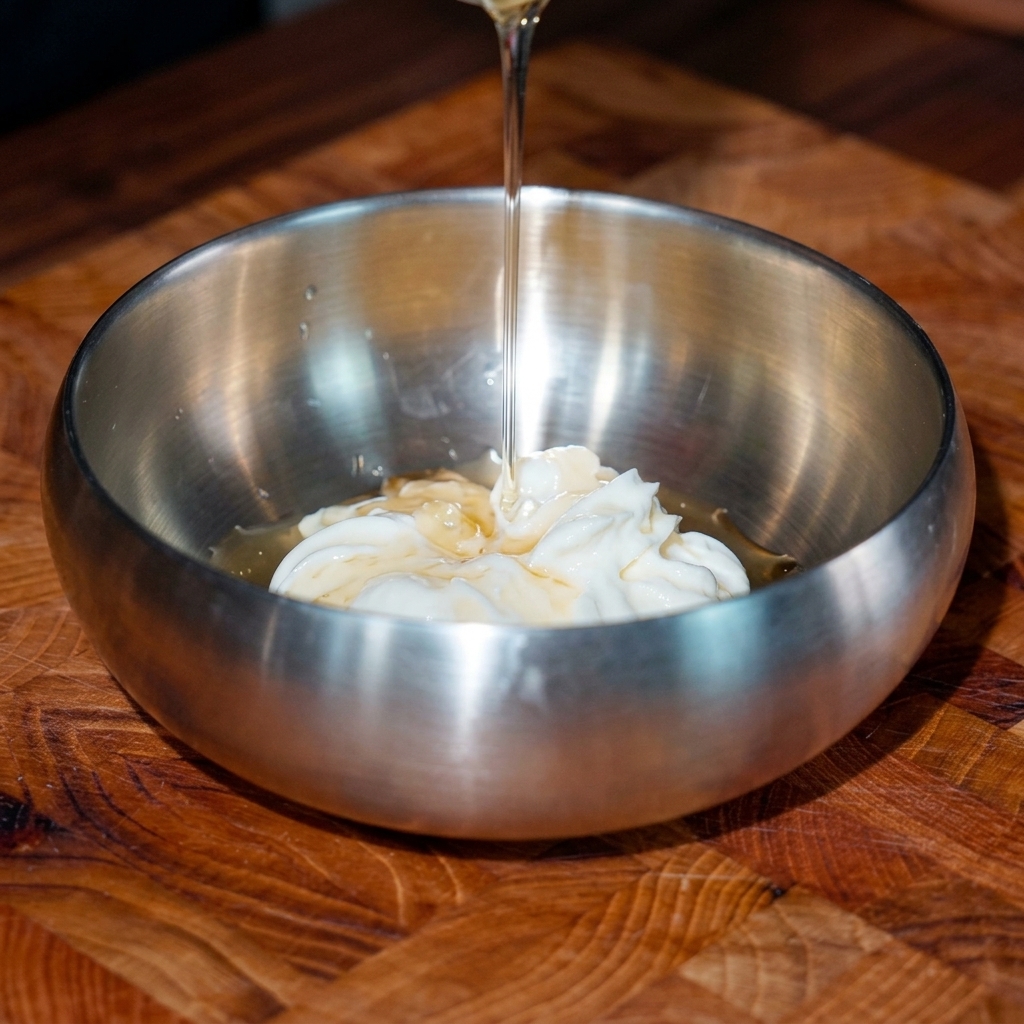Klarer Osmanthus-Sirup wird in einer Metallschüssel zu einer cremigen, weißen Basis gegossen.
