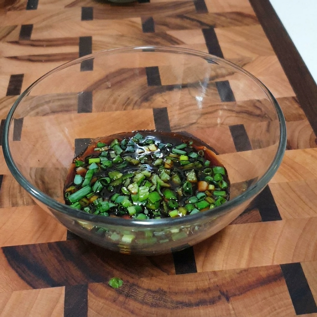Eine klare Glasschüssel mit einem Dip auf Sojabasis, sichtbaren Frühlingszwiebeln, gehackten Chilis und Sesamsamen.