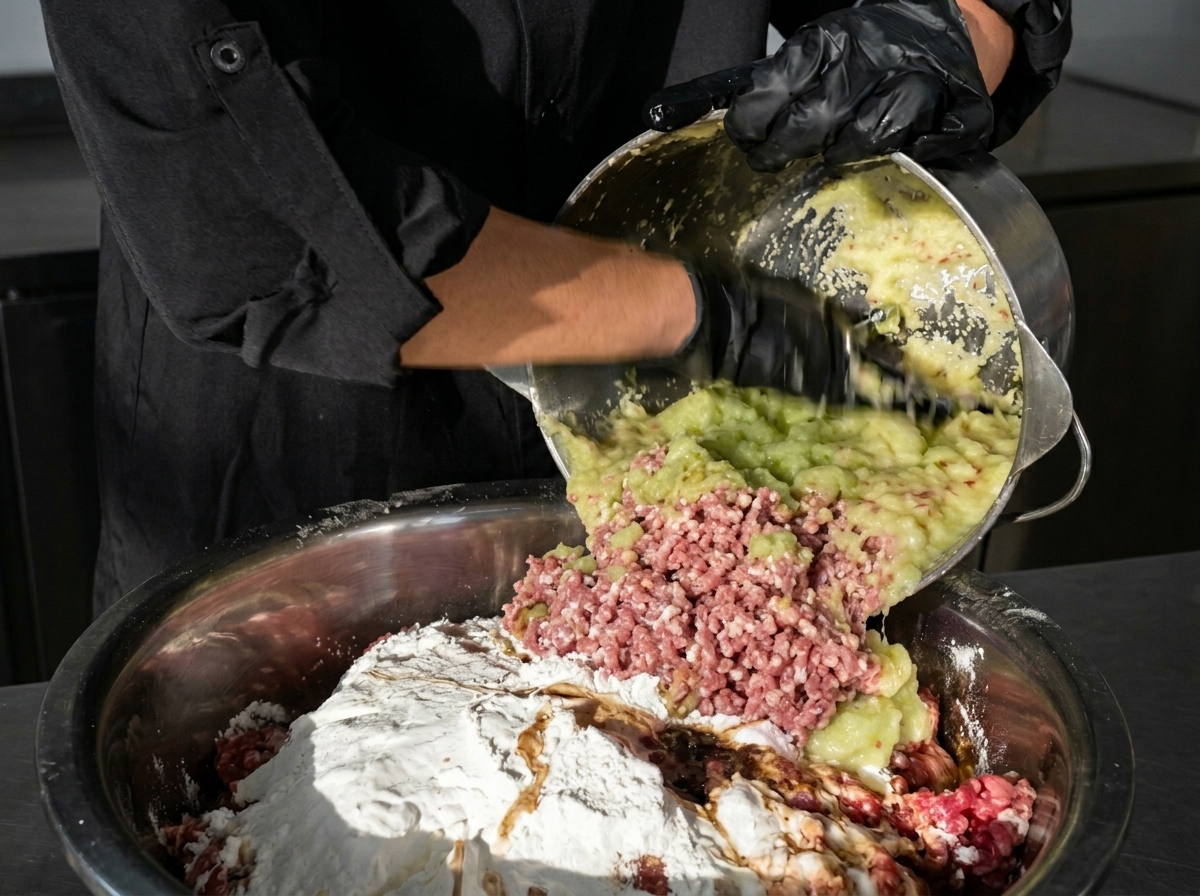 Ein püriertes Frucht- und Gemüsepüree wird aus einer Küchenmaschine auf Hackfleisch und weiße Stärke in einer großen Metallrührschüssel gegossen.