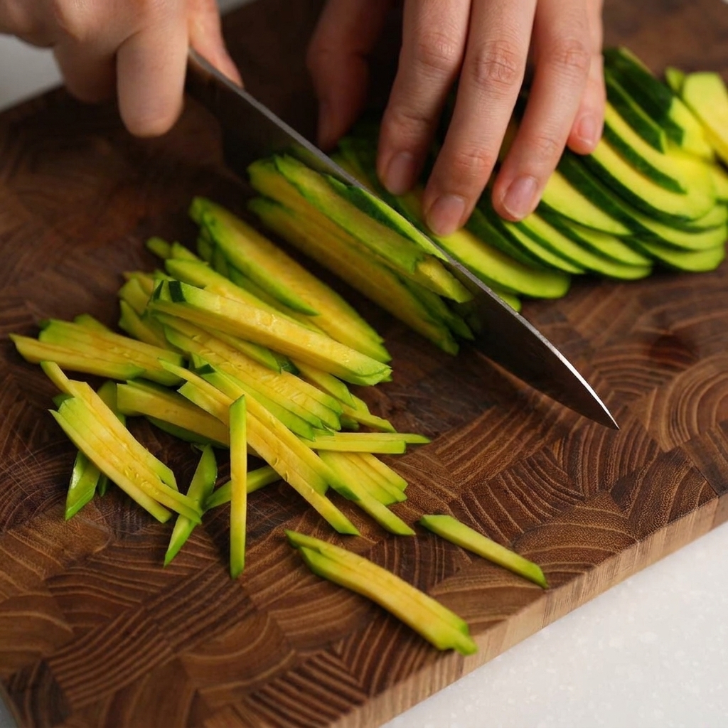 Nahaufnahme von frischen Zucchini, die auf einem Holzbrett in dünne, streichholzartige Stifte geschnitten werden.