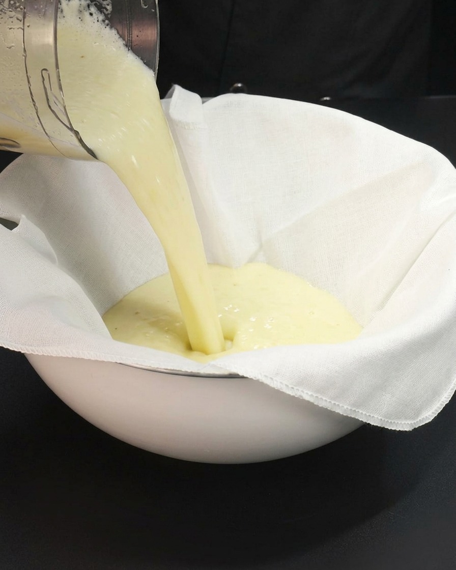 Die gemixte Fruchtmischung wird durch ein weißes Baumwolltuch in eine Schüssel gegossen, um sie zu sieben.