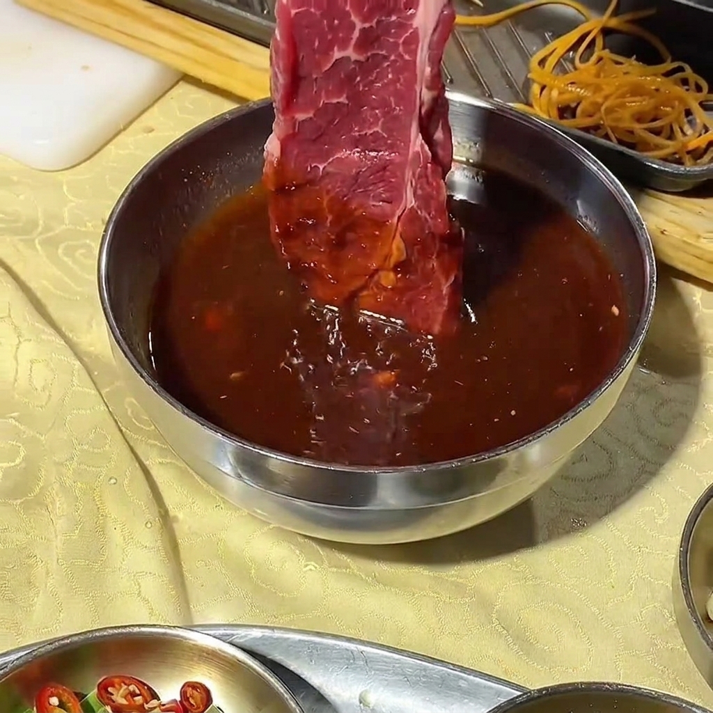 Eine Scheibe rohes Rindfleisch wird in eine Metallschüssel mit einer dunklen koreanischen BBQ-Marinade getaucht.