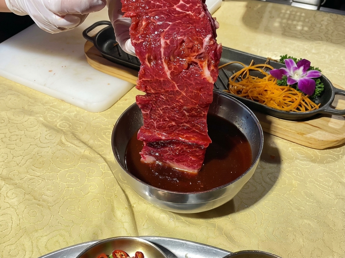 Ein großes Stück mariniertes Rindfleisch wird aus einer Schüssel gehoben, bereit, auf eine garnierte Servierplatte gelegt zu werden.