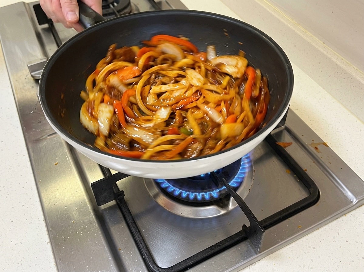 Zwiebel- und Karottenstreifen werden zur Pfanne mit Fleisch und Sauce gegeben.