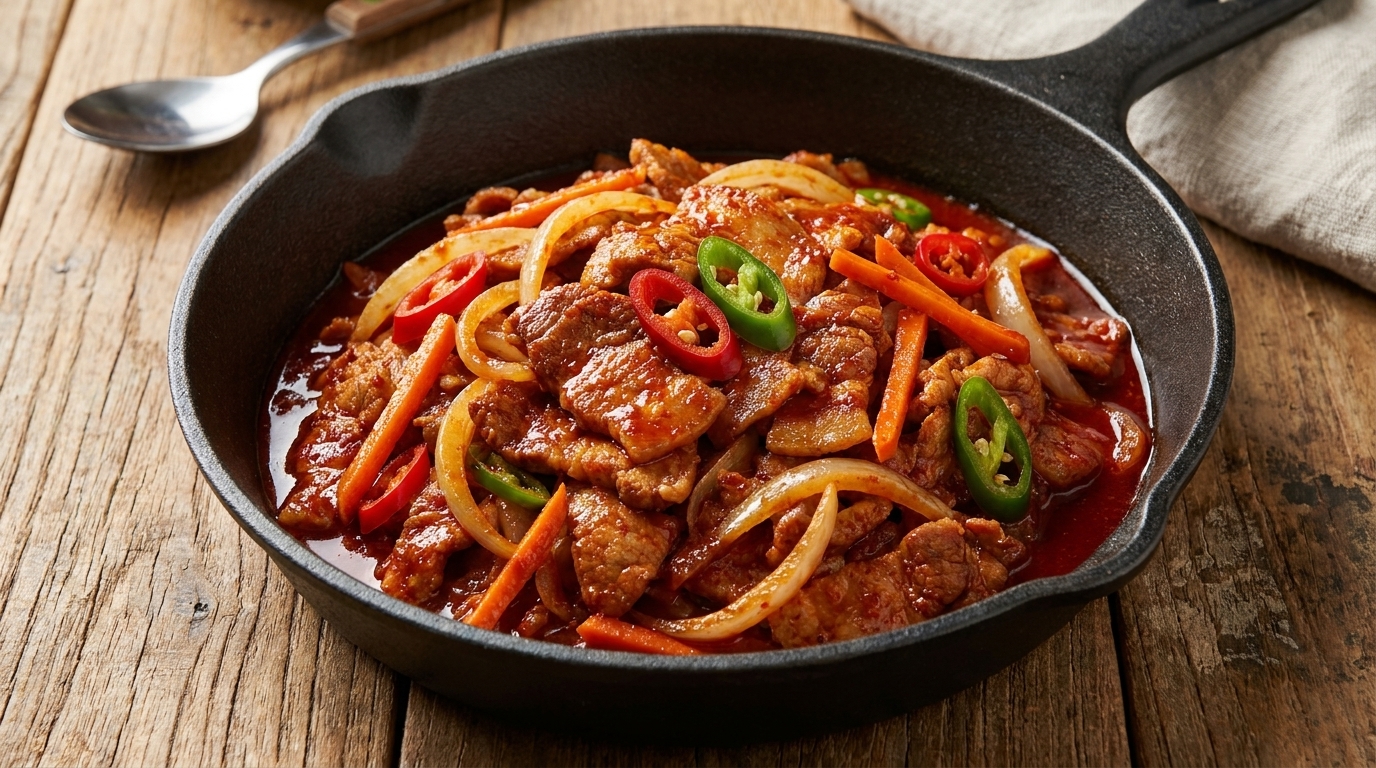 Koreanisch scharfes Pfannengerührtes Schweinefleisch (Jeyuk Bokkeum)