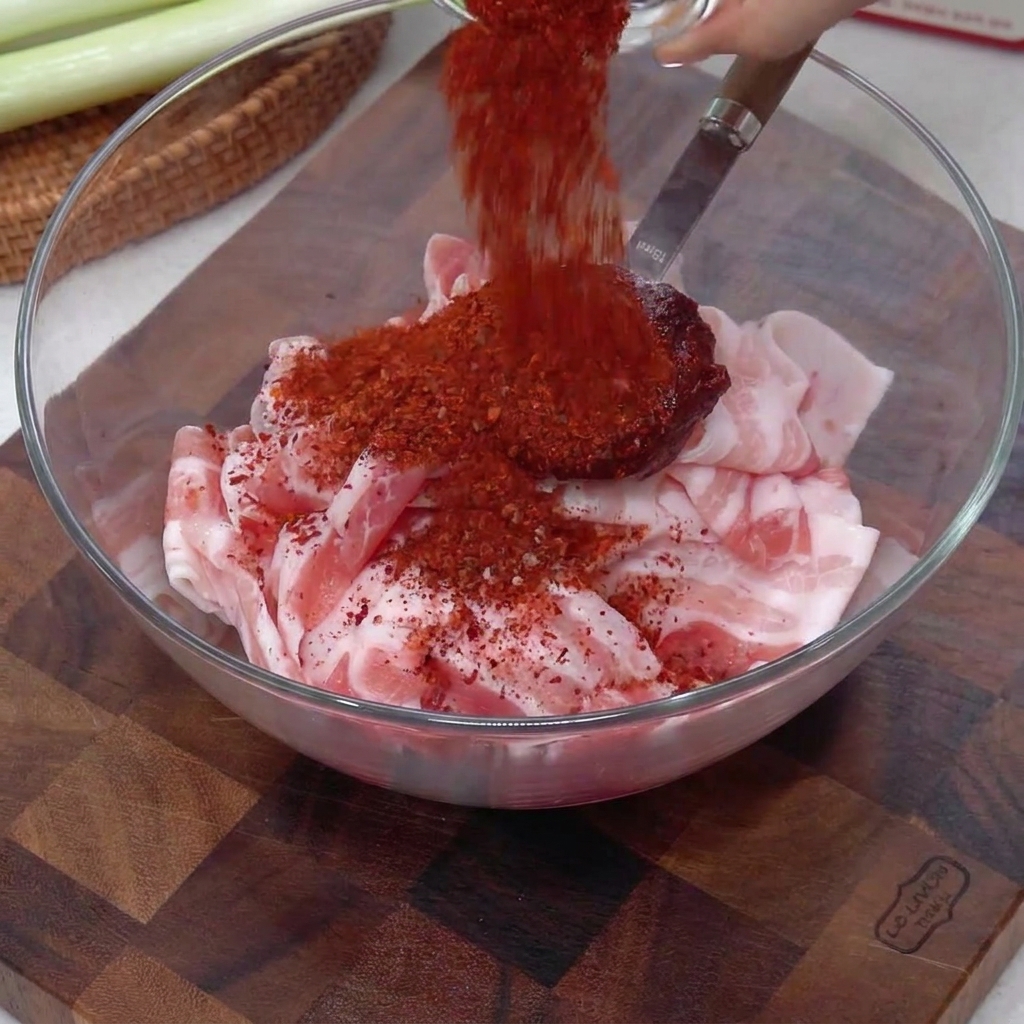 Rotes Chilipulver wird aus einem kleinen Löffel über den rohen Schweinebauch in einer Glasschüssel gestreut.