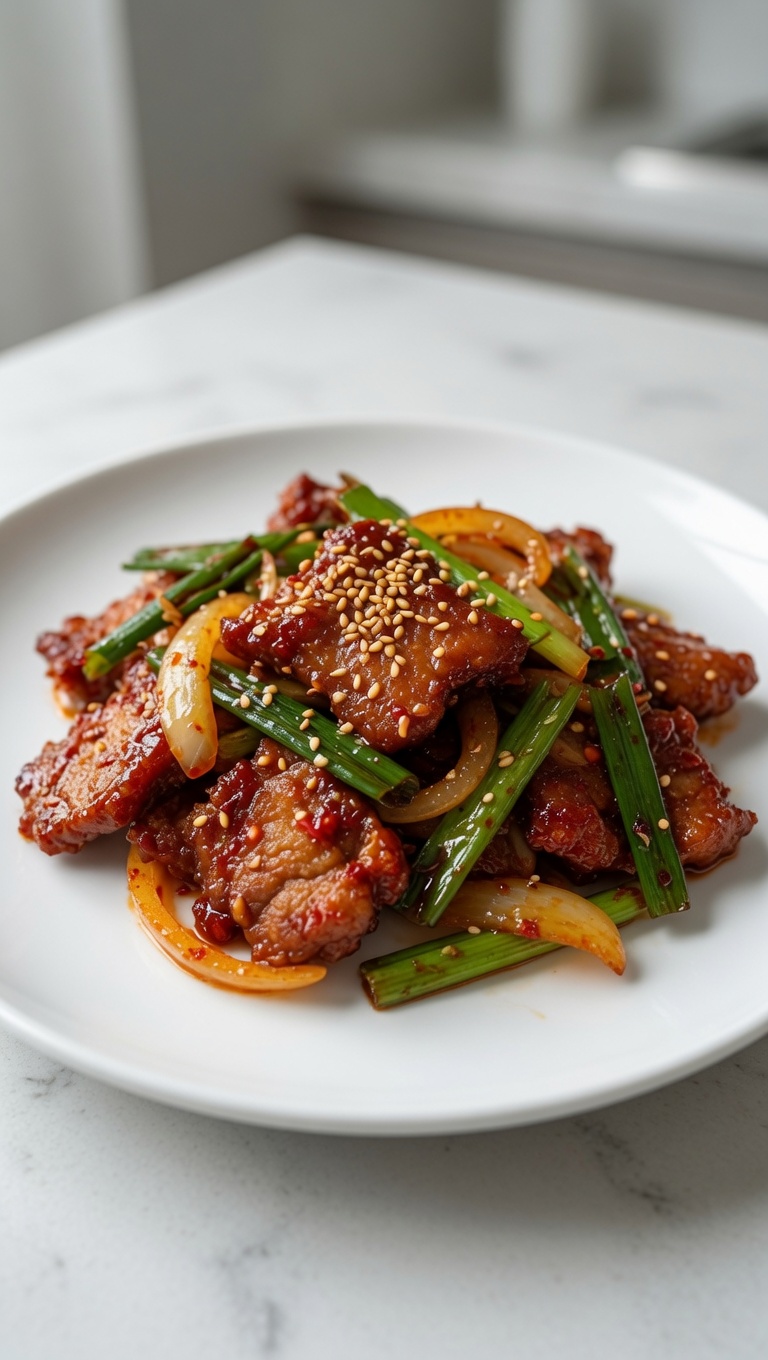 Koreanisches würziges Pfannengerührtes Schweinefleisch (Jeyuk Bokkeum)