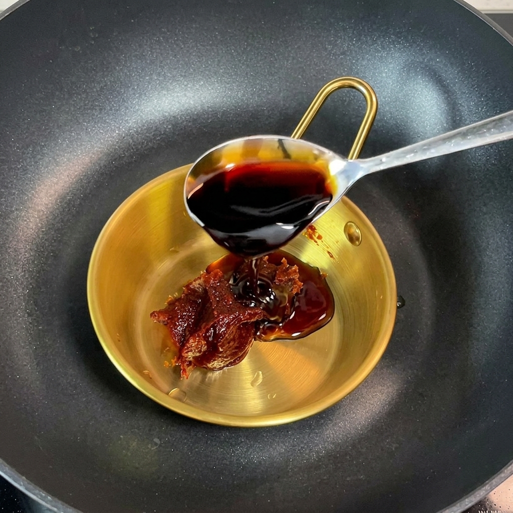 Eine goldene Schüssel mit einer dickflüssigen, dunkelroten Sauce, die mit einem Löffel glatt gerührt wird.