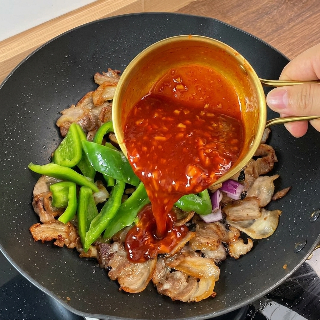 Die rote Sauce wird aus einer Schüssel über den Schweinebauch und das Gemüse gegossen.