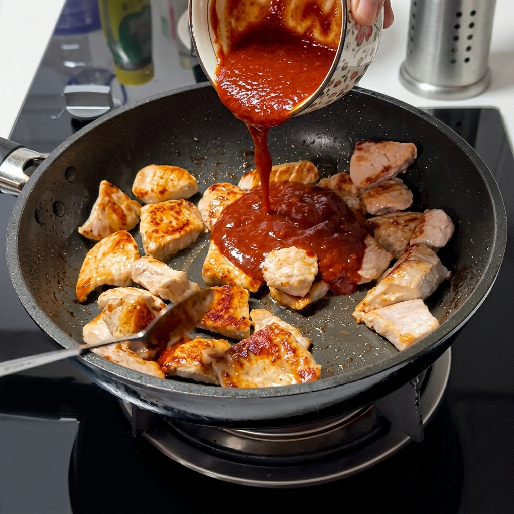Dicke, dunkelrote Chilisauce wird aus einer gemusterten Schale über das Fleisch in die Pfanne gegossen.