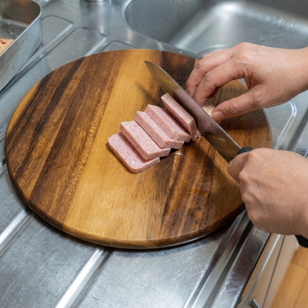 Rotes, fermentiertes Kimchi wird auf einem Holzschneidebrett in kleinere Stücke gehackt.