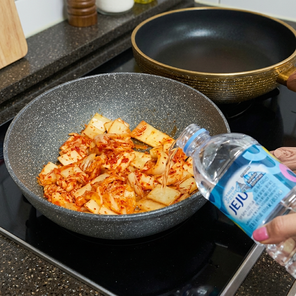Wasser wird aus einer Flasche in die Pfanne mit dem angebratenen Kimchi gegossen.