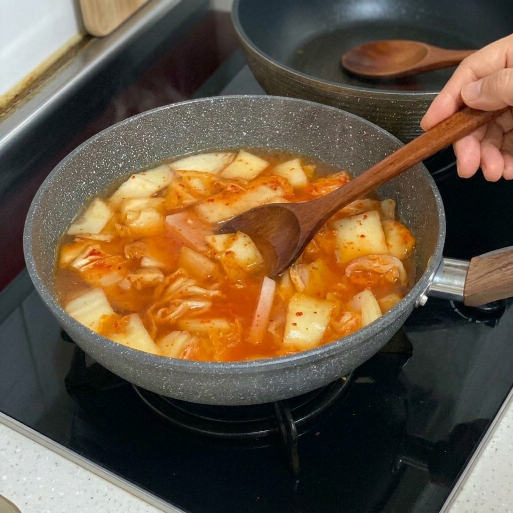 Weißer Tofu wird vorsichtig in den kochenden roten Kimchi-Eintopf platziert.