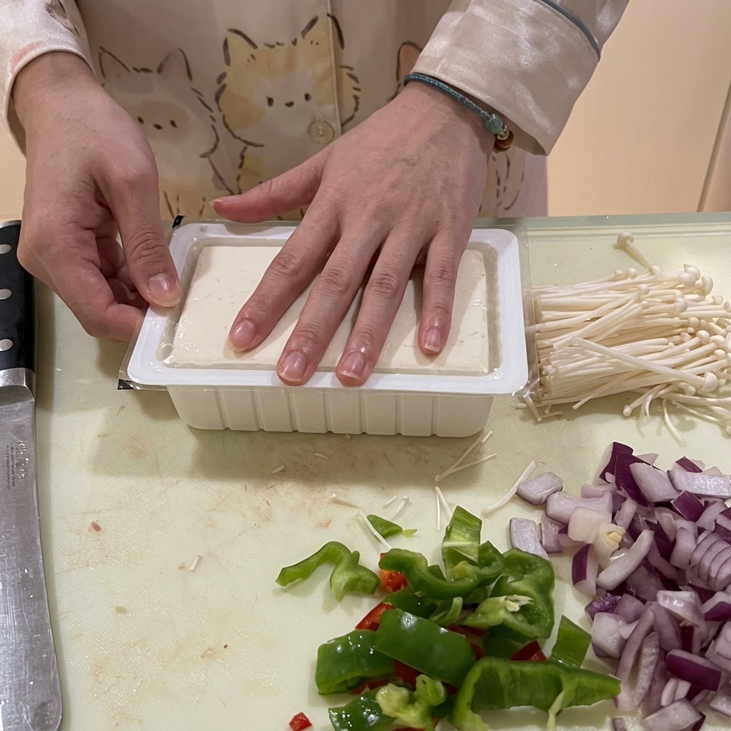 Ein Block Seidentofu wird aus der Verpackung gelöst, indem die Ecken aufgeschnitten werden.