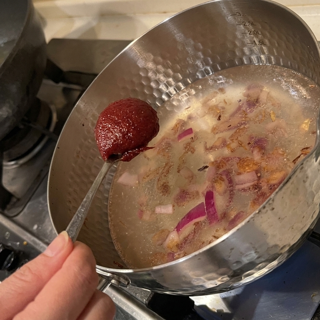 Ein Löffel rote koreanische Chilipaste wird in einen Topf mit Wasser und angeschwitzten Zwiebeln gegeben.