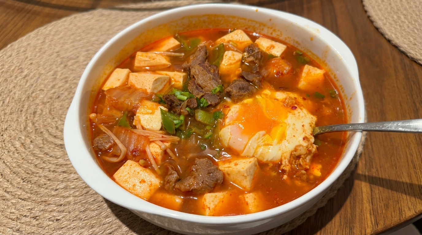 Würziger koreanischer Kimchi-Rindfleisch-Eintopf mit Tofu