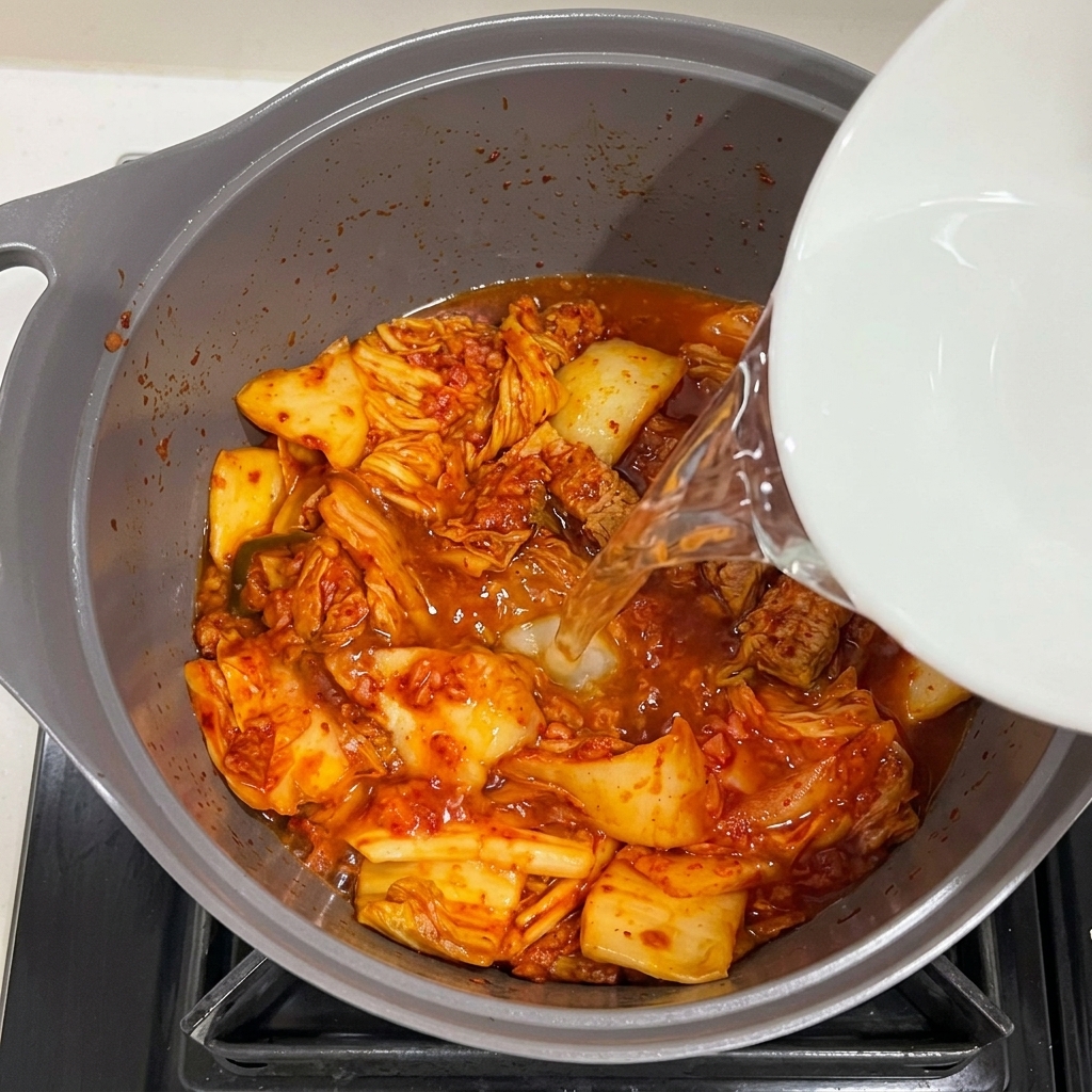Wasser wird in den Topf mit Spam und Kimchi gegossen, während gehackter Knoblauch hinzugefügt wird.