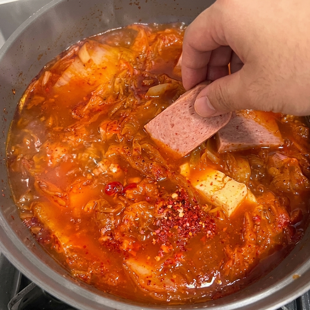 Spam-Scheiben und Tofu werden vorsichtig in den köchelnden Kimchi-Eintopf gegeben.