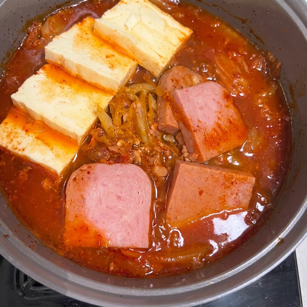 Ein Topf mit fertigem Spam-Kimchi-Eintopf, garniert mit frischen grünen Paprika und Frühlingszwiebeln.