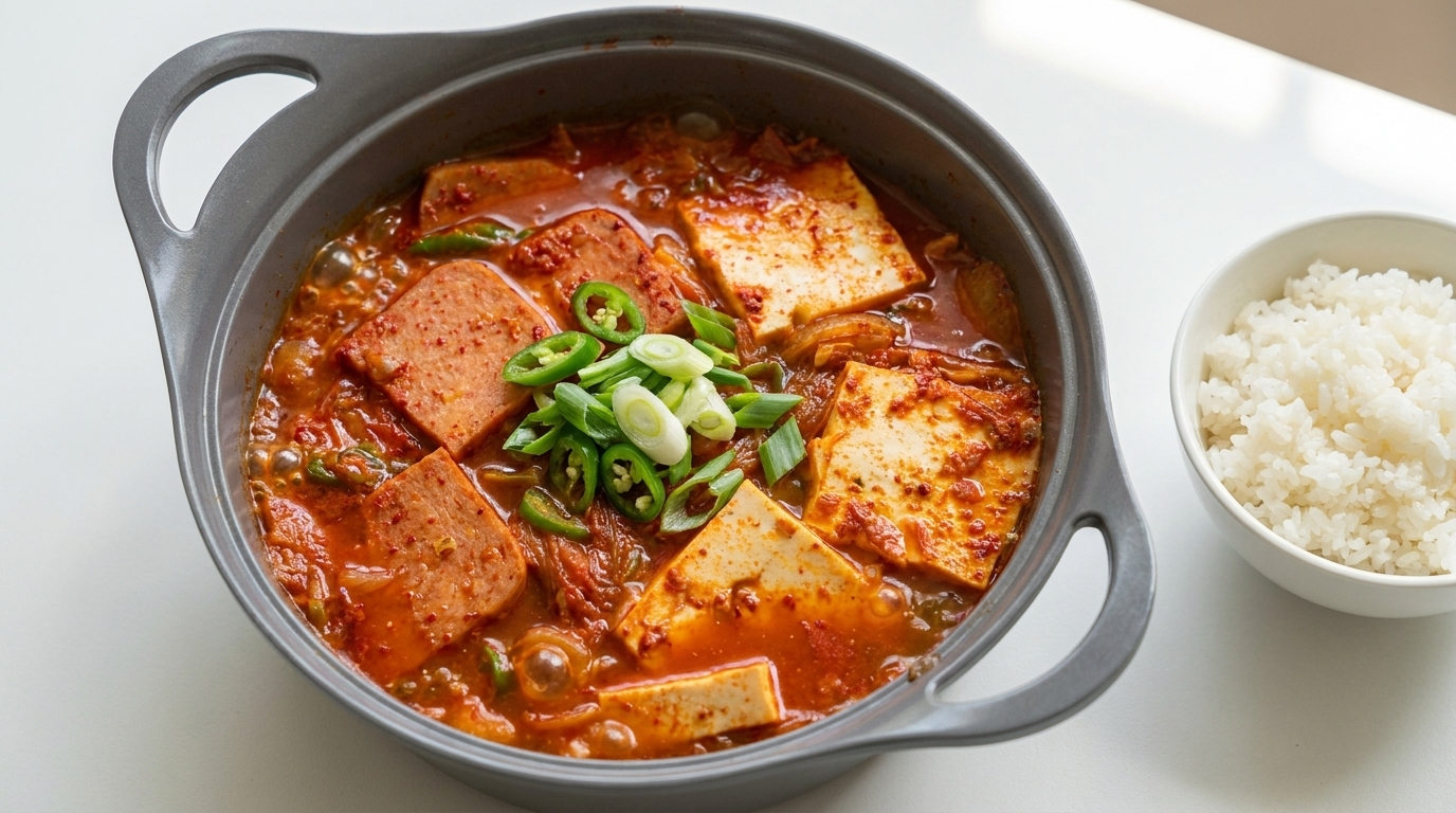 Klassischer koreanischer Spam- und Tofu-Kimchi-Eintopf (Kimchi Jjigae)