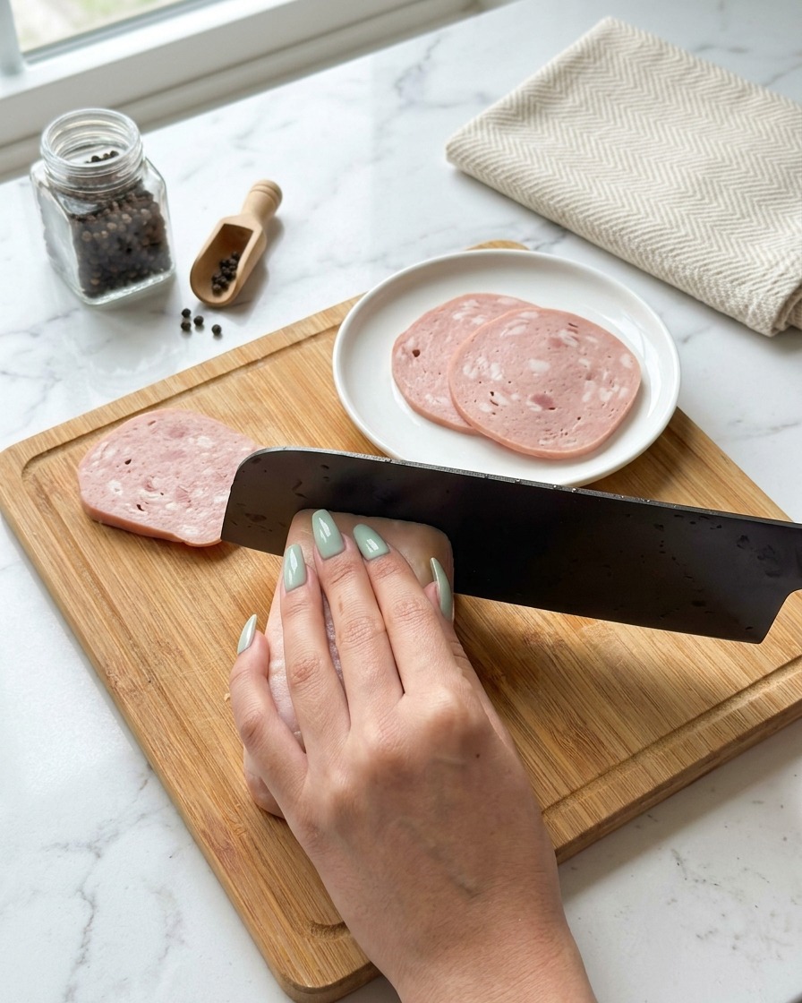 Hände schneiden ein Stück Frühstücksfleisch auf einem Holzbrett in gleichmäßige rechteckige Stücke.