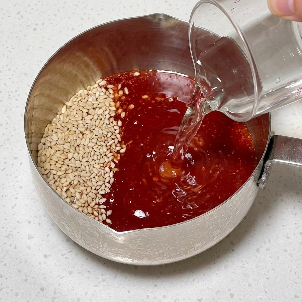 Klares Wasser wird in einen kleinen Metalltopf gegossen, der leuchtend rote Chilipaste, Sojasauce und weiße Sesamsamen enthält.