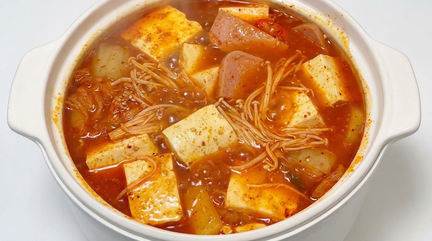 Ein köchelnder Topf mit Kimchi-Tofu-Eintopf, gefüllt mit Tofustücken, Frühstücksfleisch und Enoki-Pilzen in einer leuchtend roten Brühe.