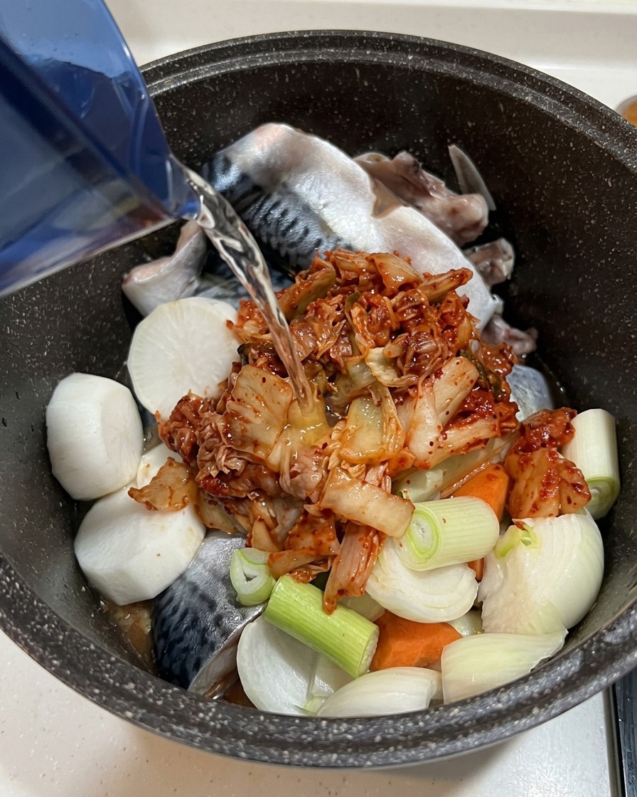 Ein Strahl klaren Wassers fließt aus einem blauen Krug in den Topf mit Makrele, Rettich und Kimchi.