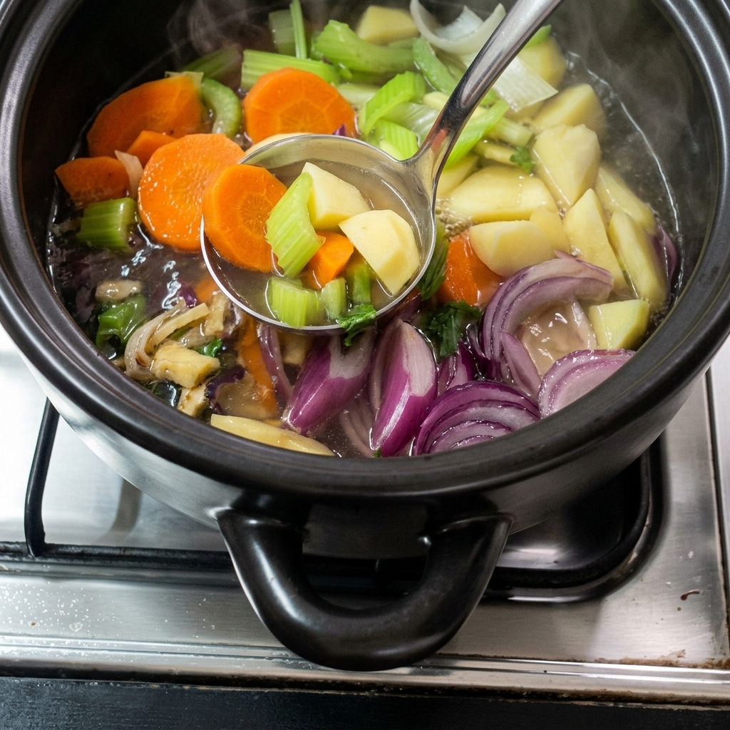 Drei rohe Makrelenfilets liegen auf dem kochenden Gemüse im Tontopf.