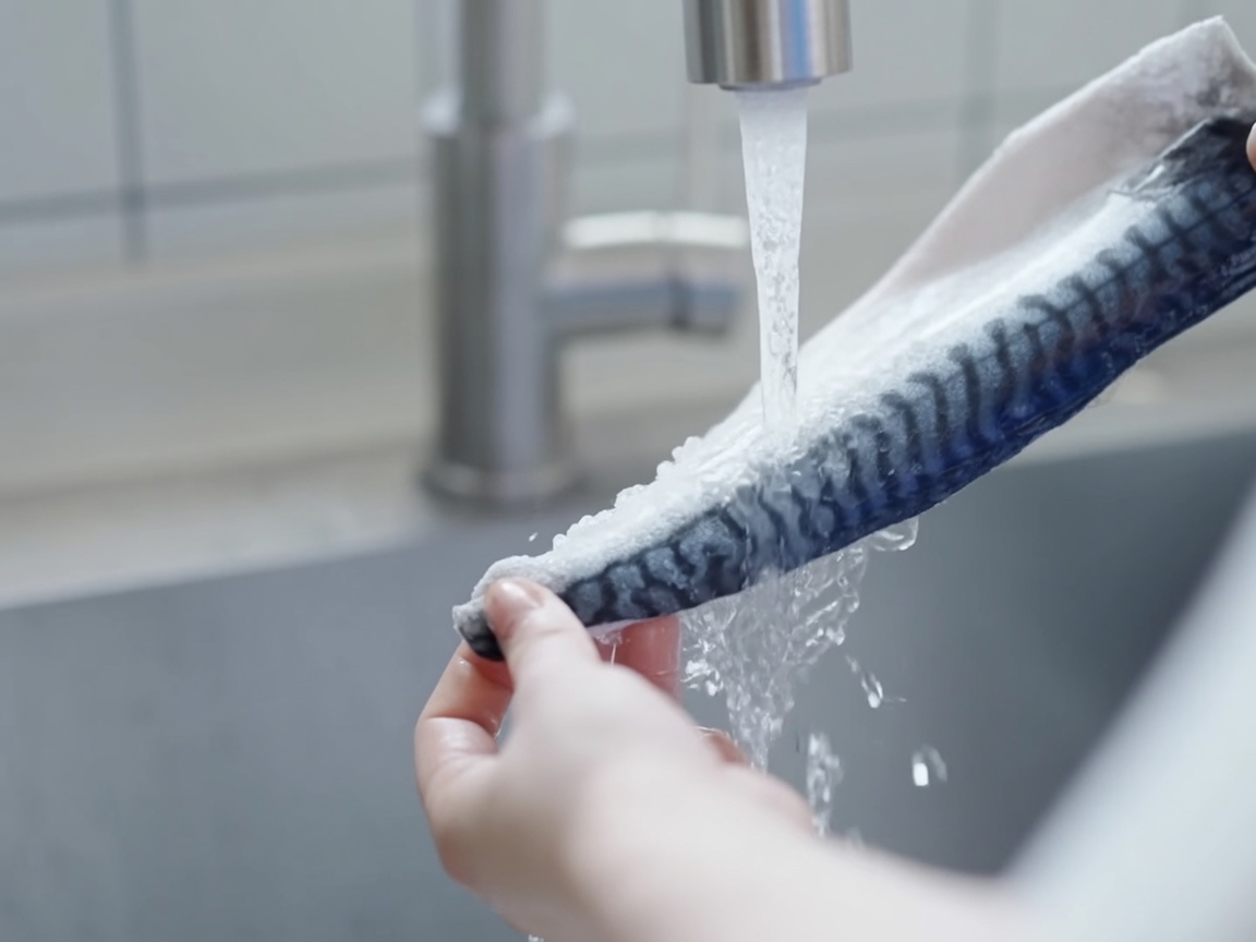 Ein rohes Makrelenfilet wird unter einem gleichmäßigen Wasserstrahl aus einem Küchenhahn abgespült.