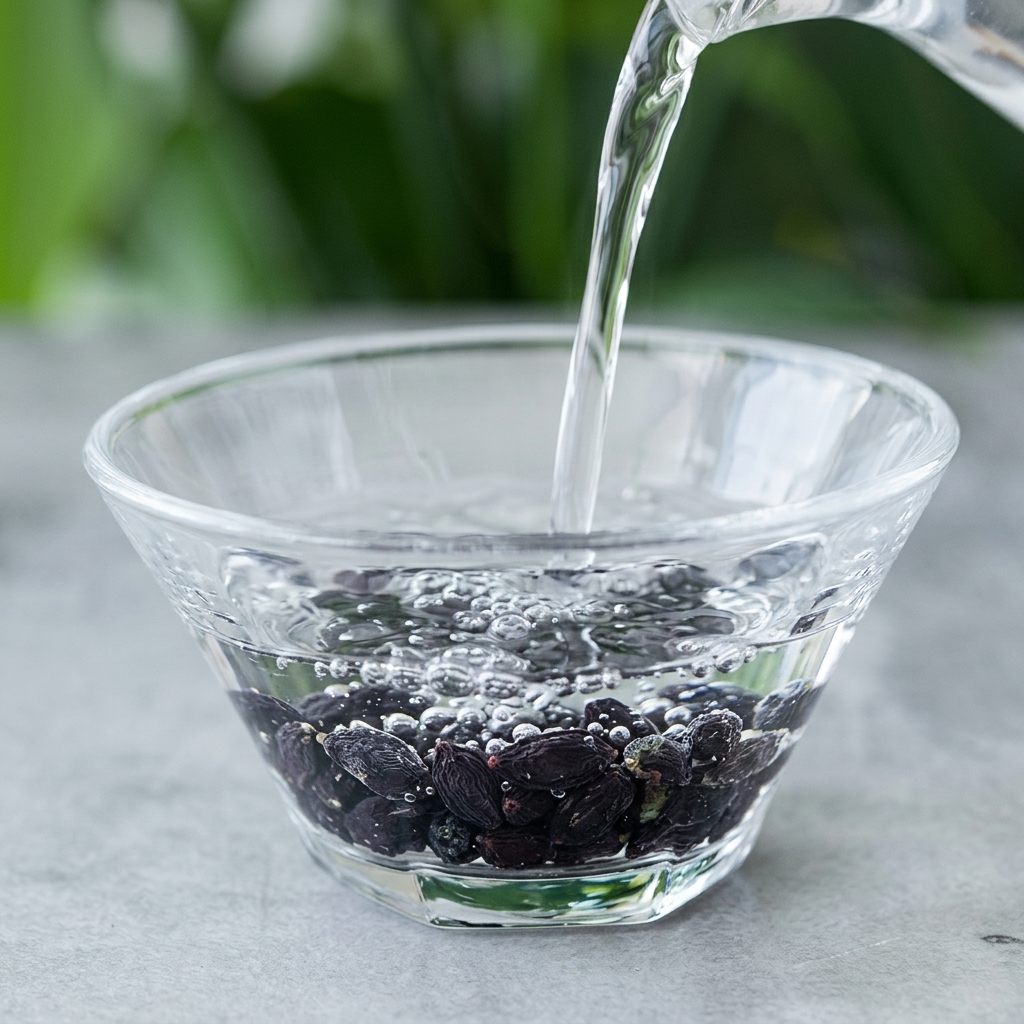 Warmes Wasser wird über eine kleine Portion getrockneter schwarzer Wakame-Algen in einer Glasschüssel gegossen.