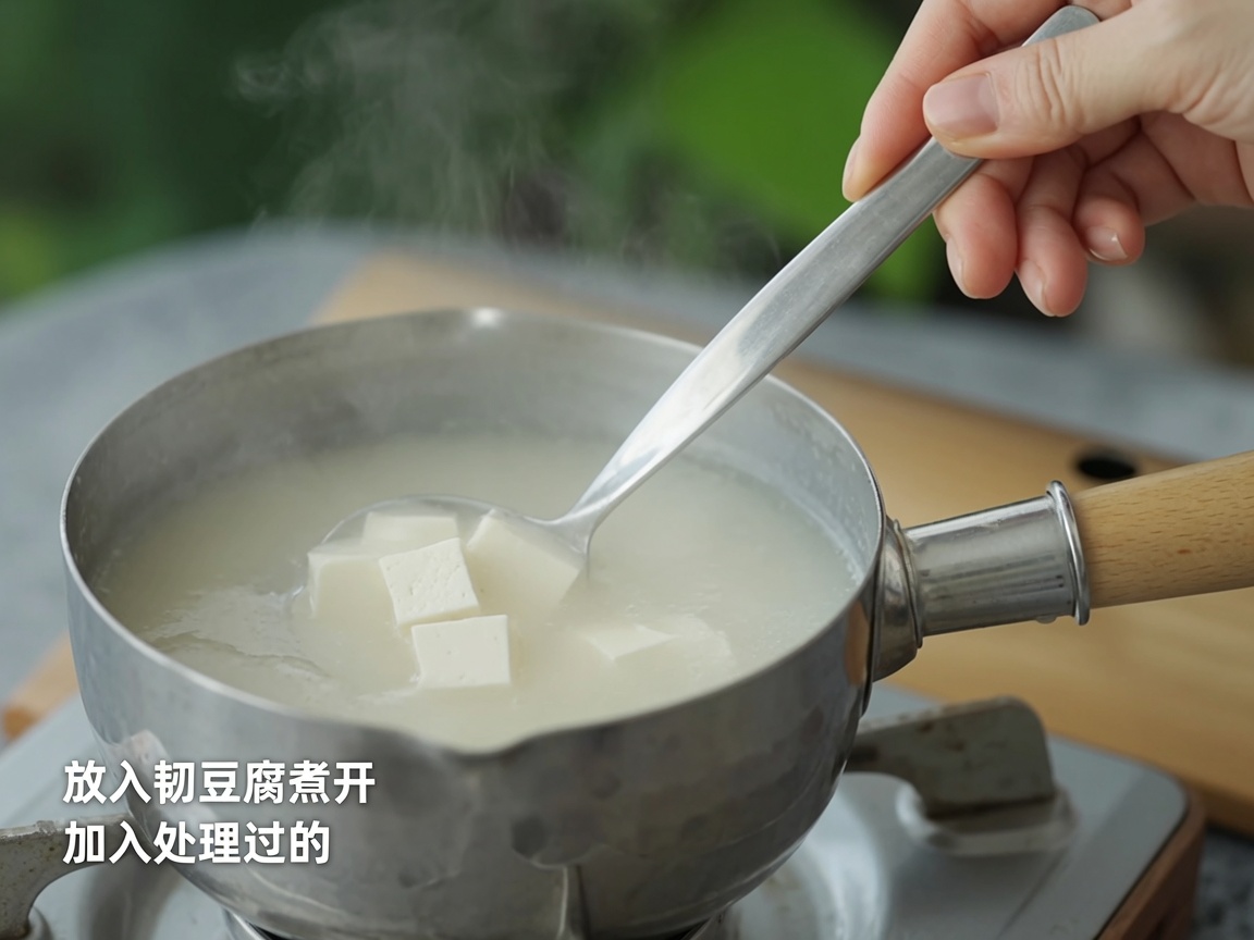 Weiche weiße Tofuwürfel werden in einen Topf mit dampfender Miso-Brühe gegeben.