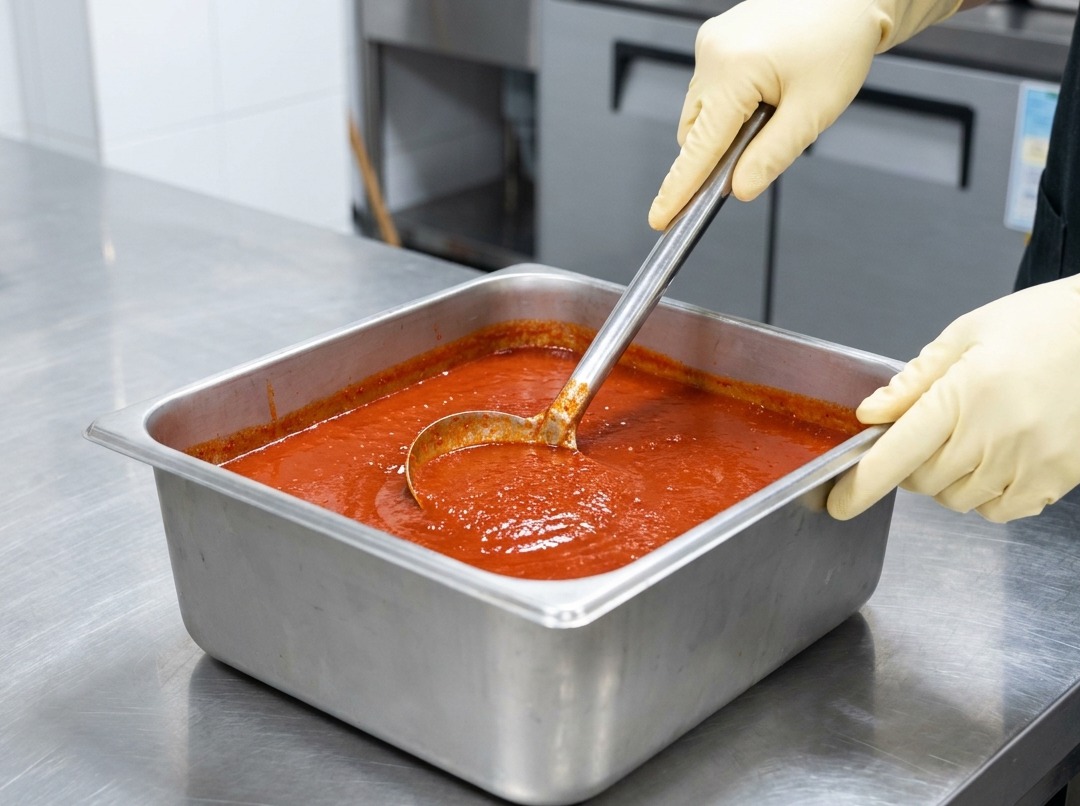 Eine Kelle gibt eine dicke, leuchtend rote scharfe Sauce in einen großen Topf mit Wasser.