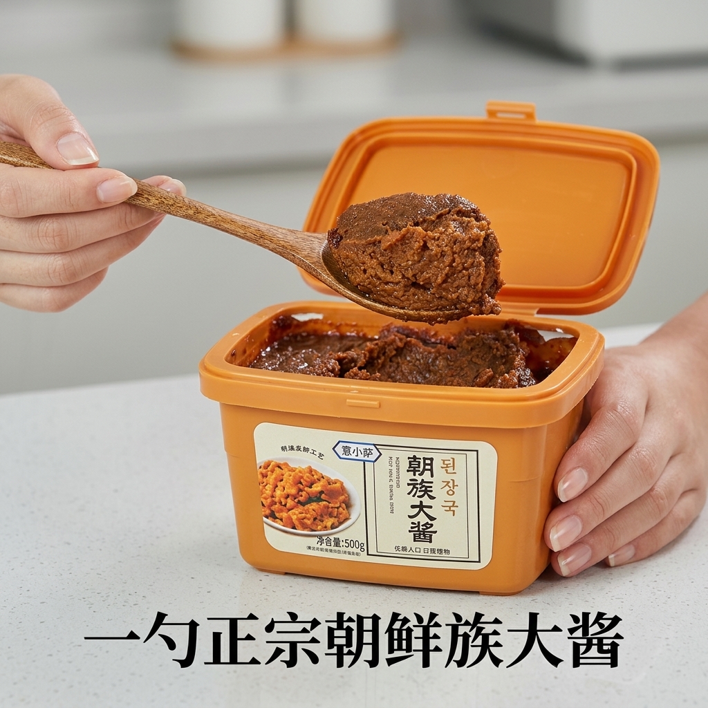 Ein Holzlöffel rührt einen Klecks dicke braune Sojabohnenpaste in einen Topf mit Flüssigkeit.
