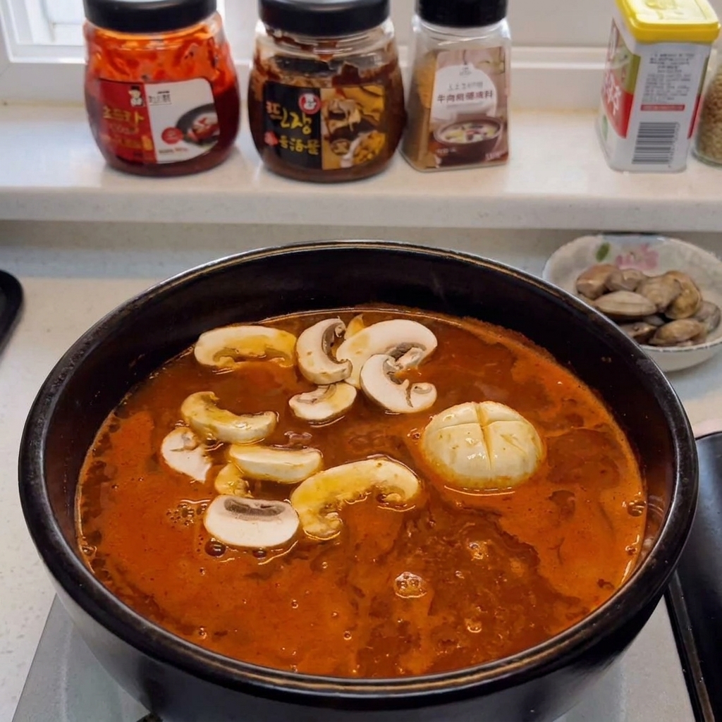 In Scheiben geschnittene Champignons werden in den Wok mit Fleisch, Ingwer und Knoblauch gegeben.