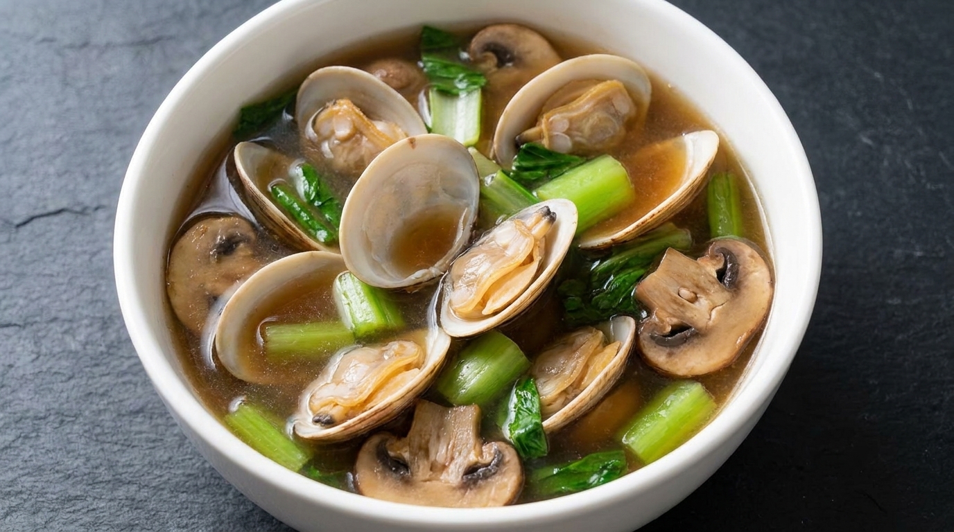Herzhafte Muschel-Pilz-Suppe mit Sojabohnenpaste