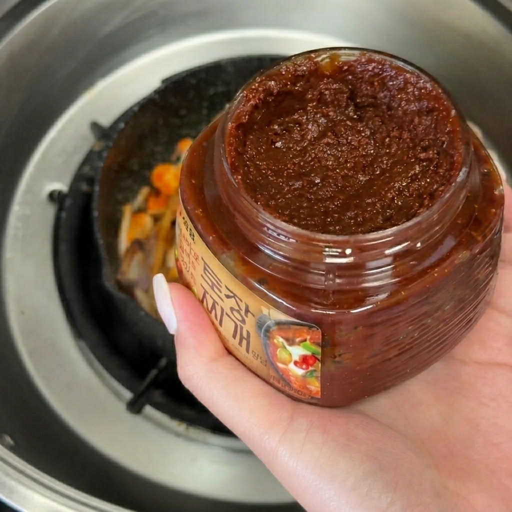 Ein großer Löffel dicke koreanische Sojabohnenpaste wird zum Gemüse in die Pfanne gegeben.