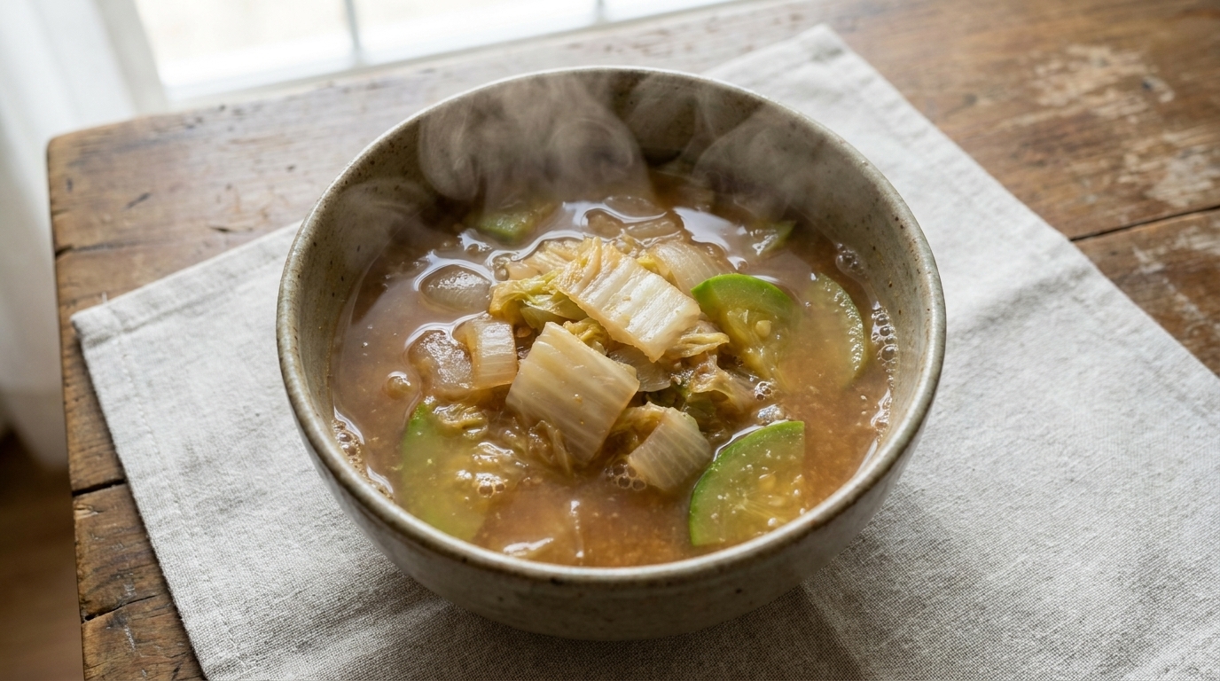 Eine dampfende Schüssel rustikale Chinakohl-Suppe mit Sojabohnenpaste und zartem Gemüse.