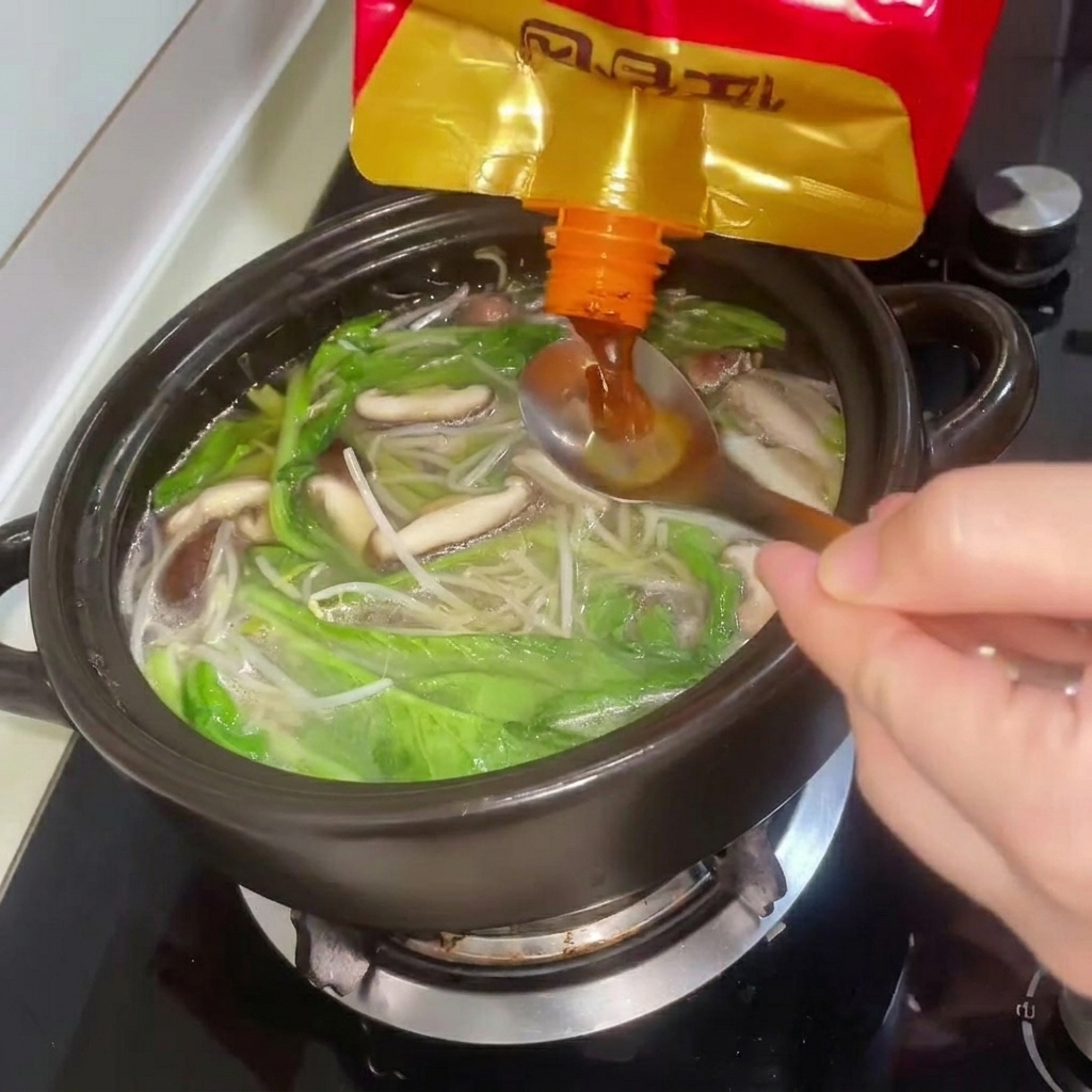 Ein Löffel voll Sojabohnenpaste wird in die Brühe im Tontopf eingerührt.