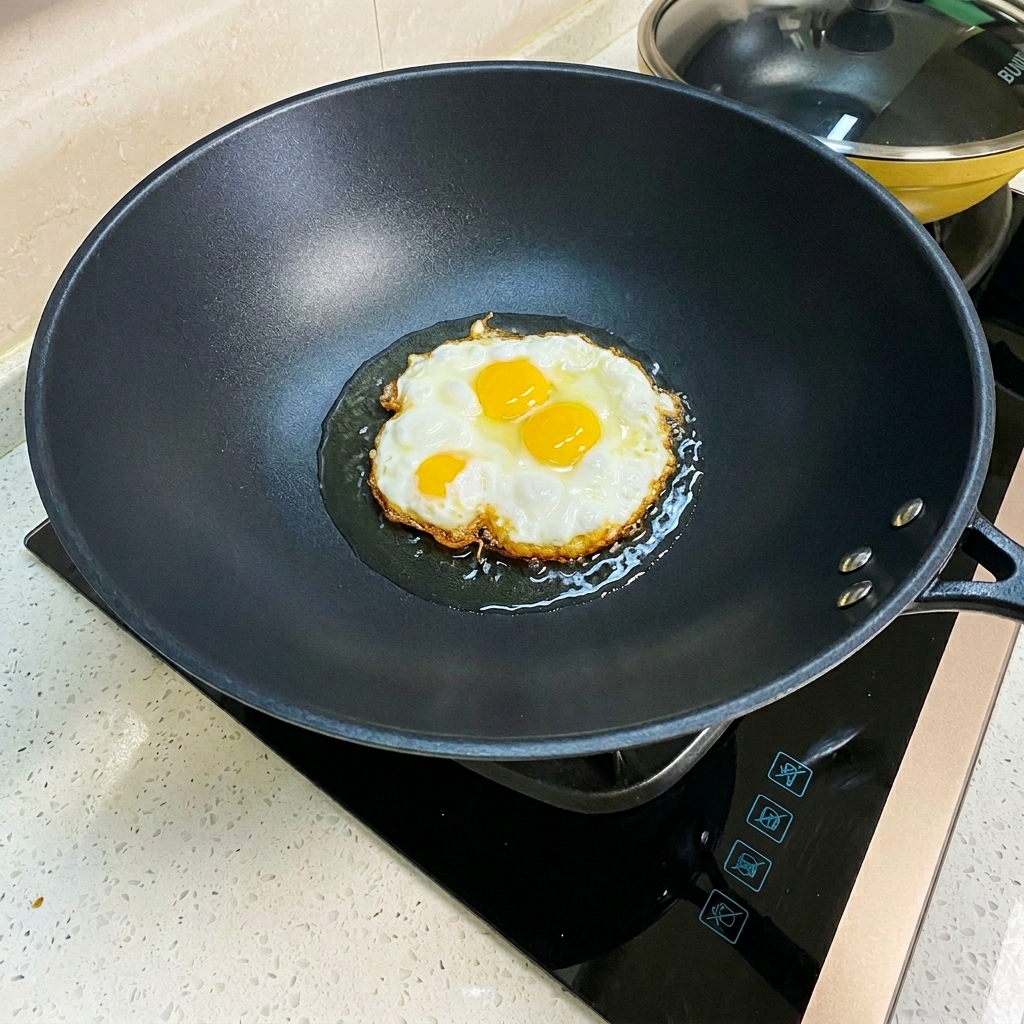 Ein gebratenes Ei wird im Wok gewendet und zeigt eine goldbraune Unterseite.