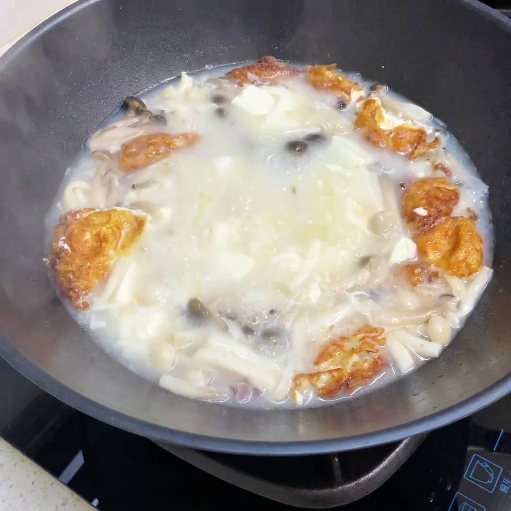 Die Pilz-Tofu-Suppe köchelt im Wok, während Gewürze hinzugefügt werden.