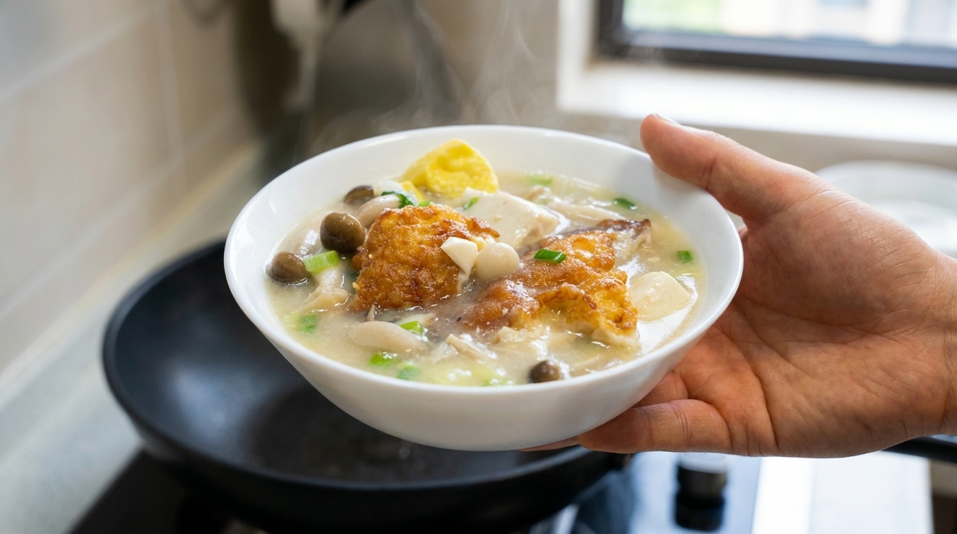 Goldene Spiegelei-Suppe mit Pilzen und Tofu