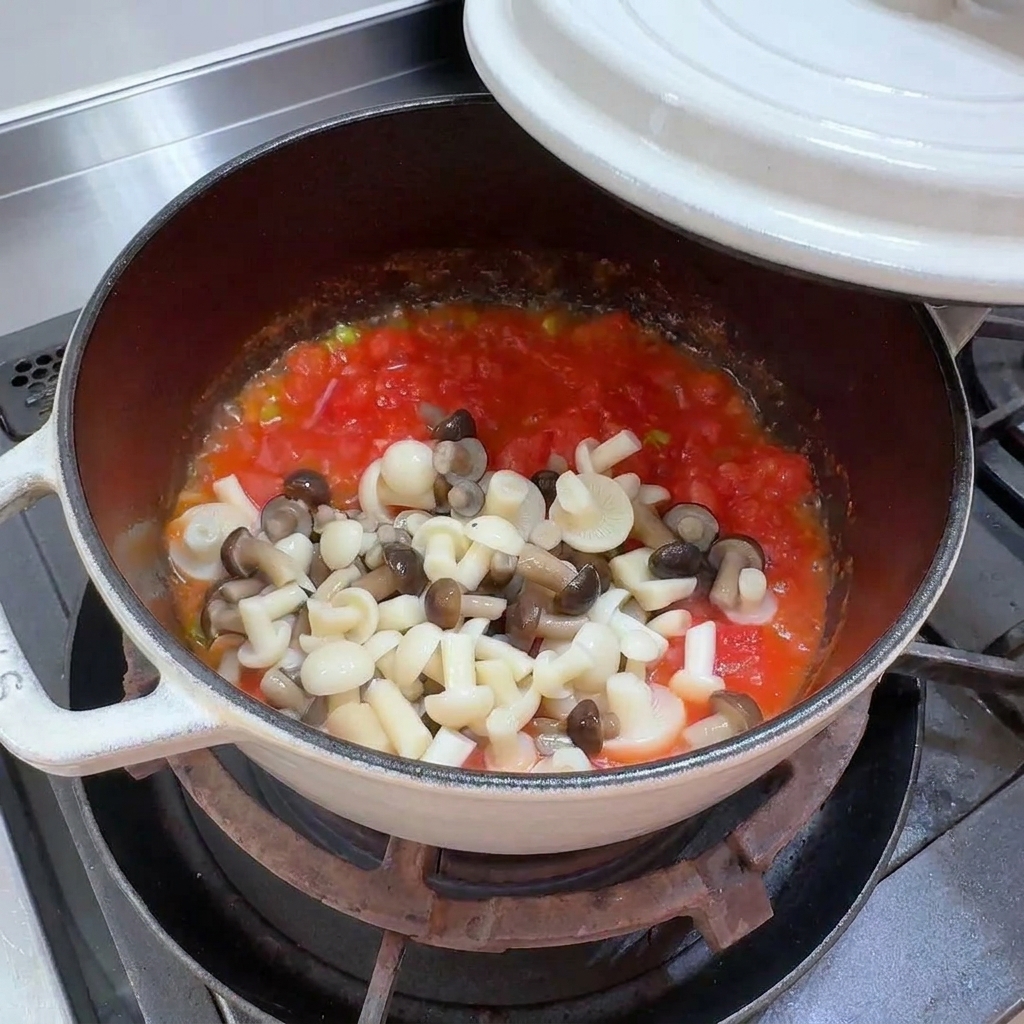Frische Buchenpilze werden zur gekochten Tomatenmischung hinzugefügt.