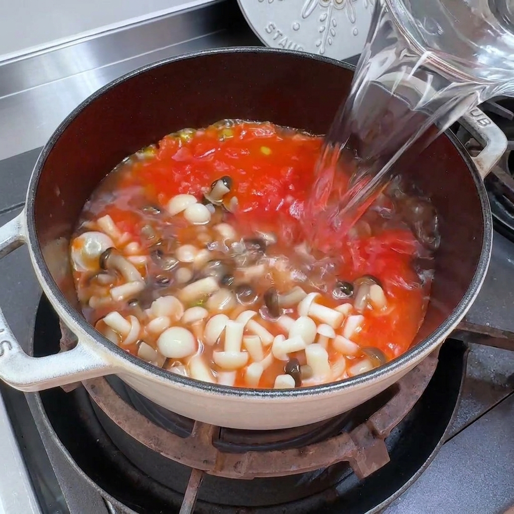 Wasser wird aus einem Krug in den Suppentopf gegossen.