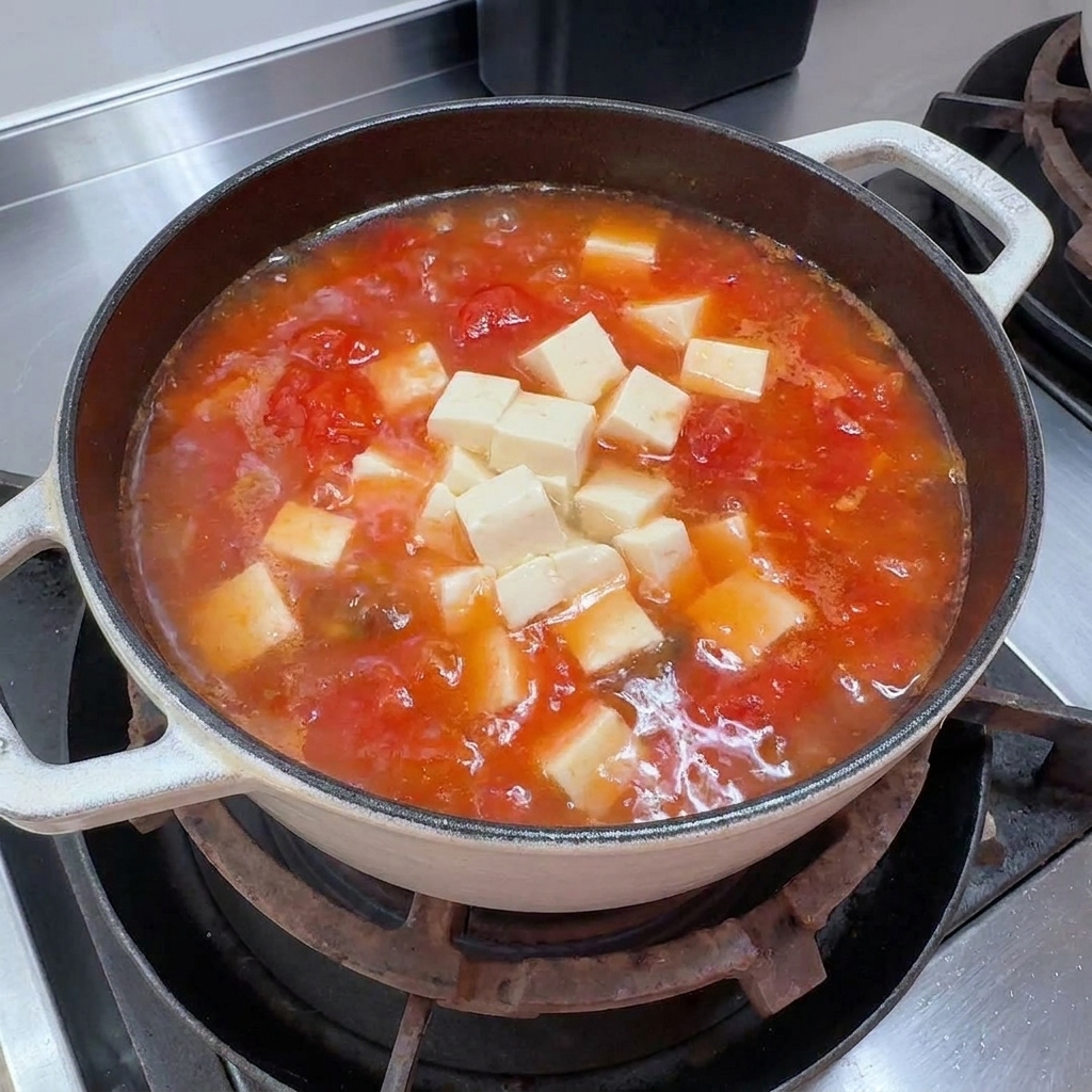 Weiche Tofuwürfel werden in die köchelnde Tomaten-Pilz-Brühe gegeben.
