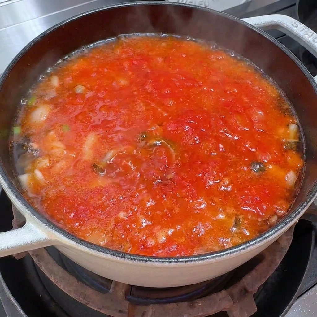 Ein Topf mit kochender roter Tomaten-Pilz-Suppe auf dem Herd.