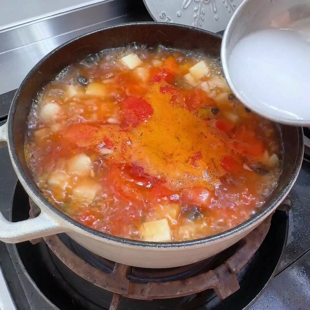 Eine weiße Wasser-Stärke-Mischung wird aus einer kleinen Schüssel in einen Topf mit blubbernder Tomatensuppe gegossen.