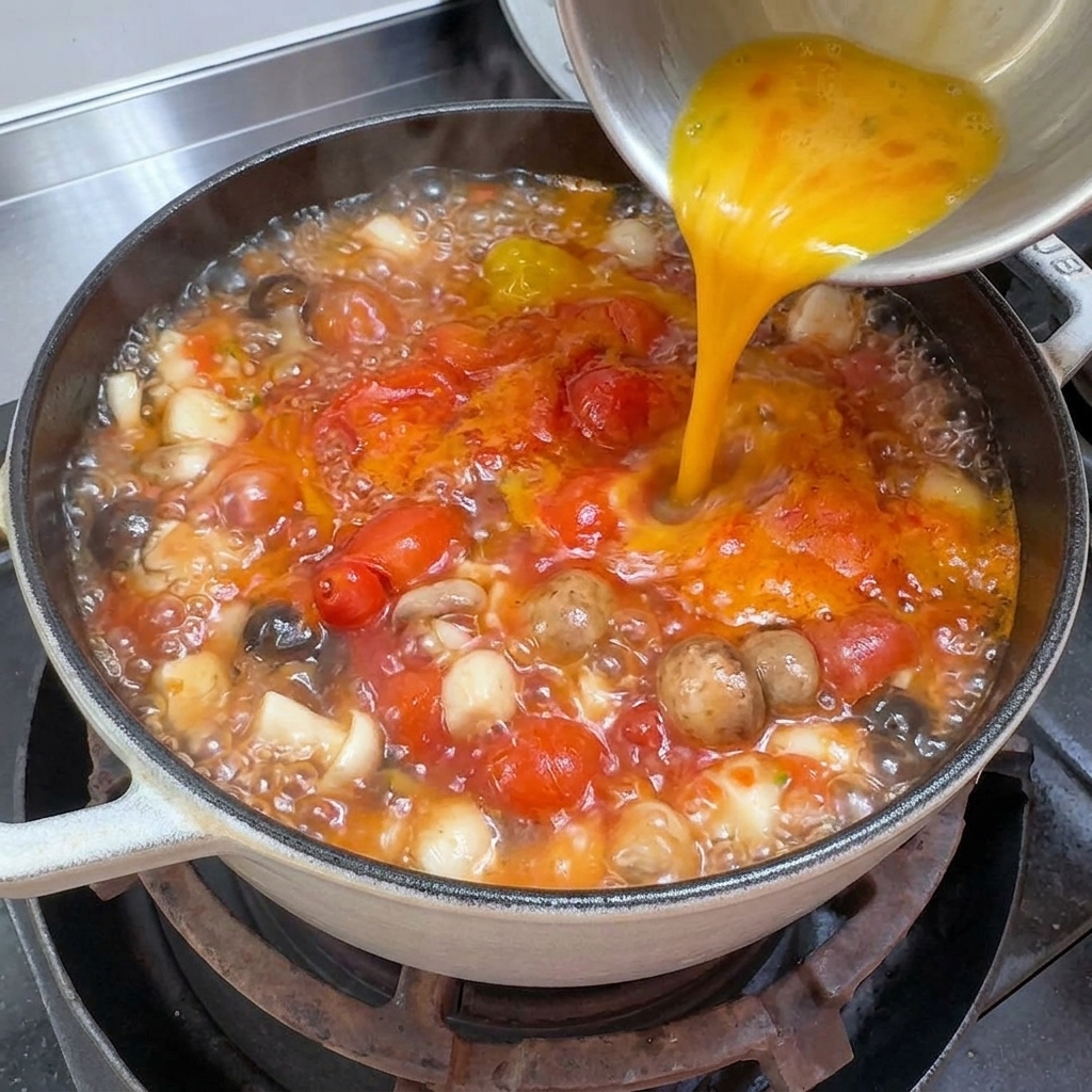 Geschlagenes gelbes Ei wird in kreisenden Bewegungen in einen Topf mit kochender Tomaten-Tofu-Suppe geträufelt.